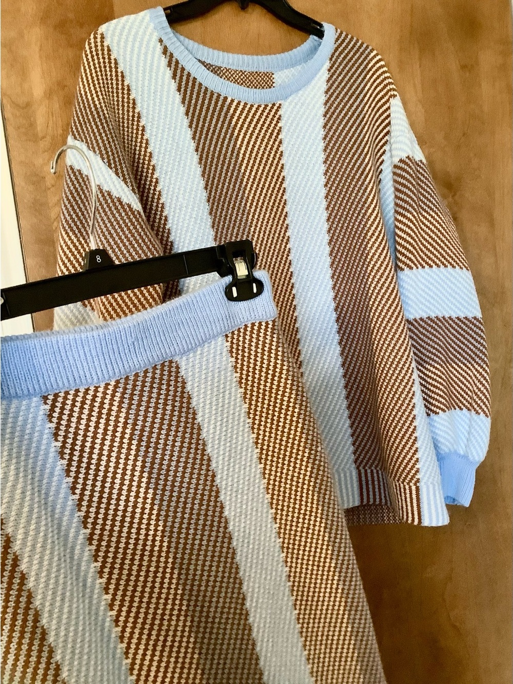SHEIN Matching Light Blue & Brown Striped Knit Sweater & Pencil Midi Skirt